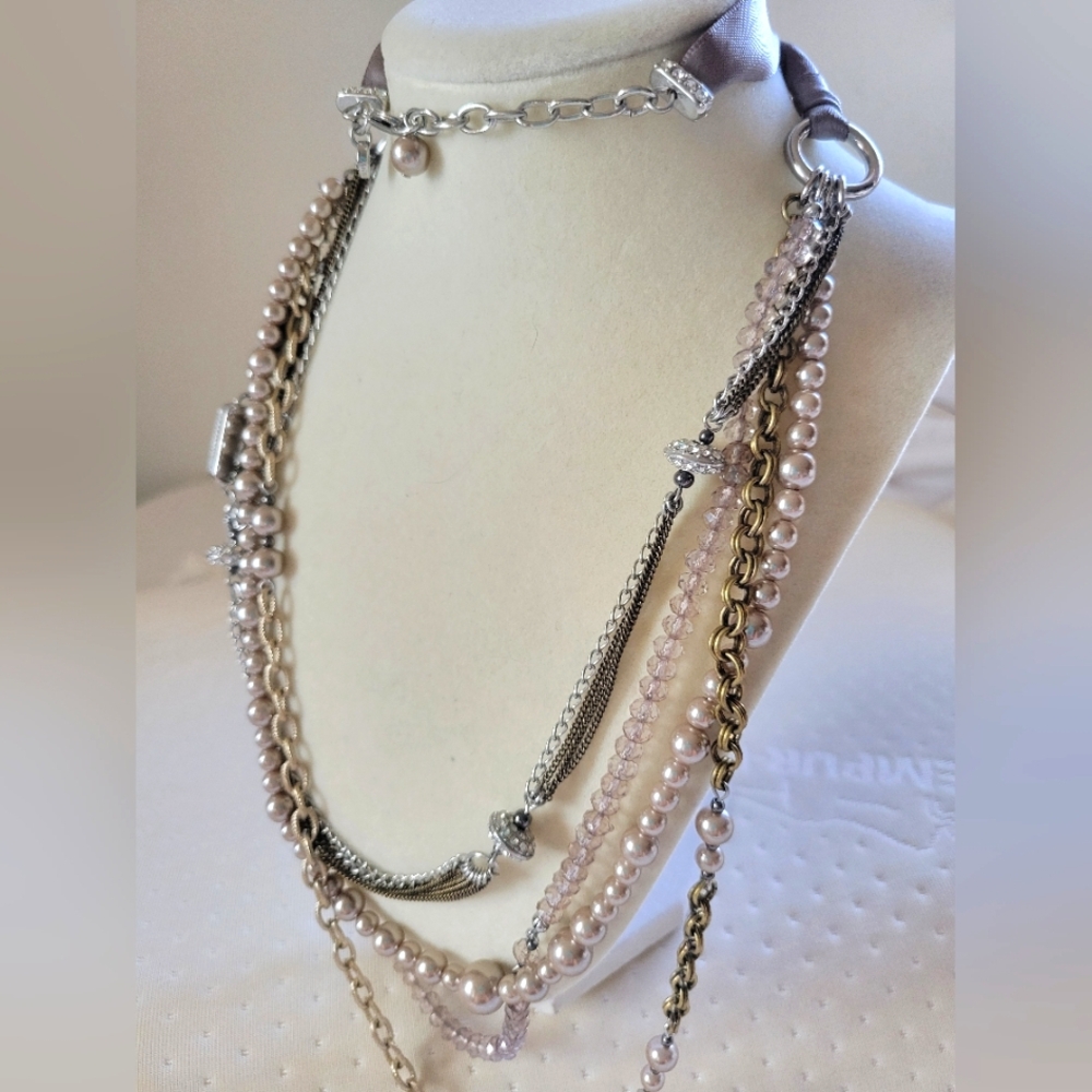LOFT | Long Silver Tone Crystal Faux Pearl Layered Statement Necklace - Picture 5 of 13